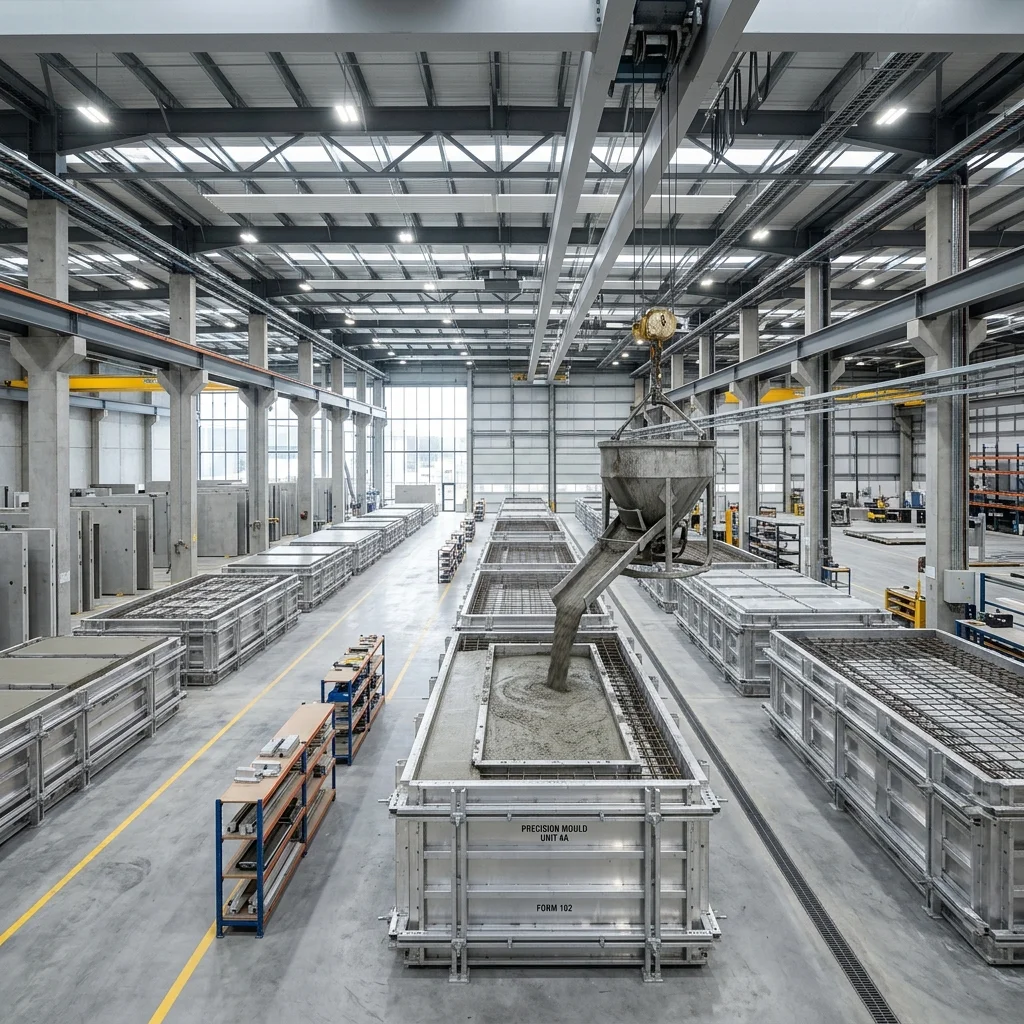 GOGER precast concrete panels being cast in controlled factory moulds