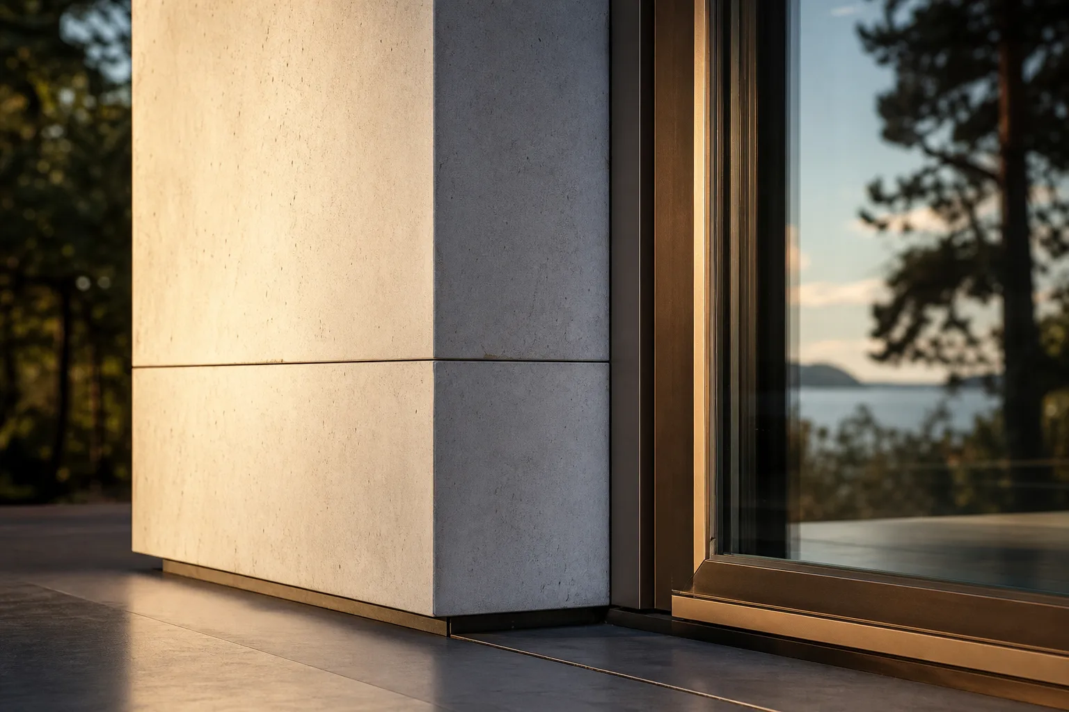 Close-up of a smooth GOGER precast concrete wall finish meeting a bronze frame