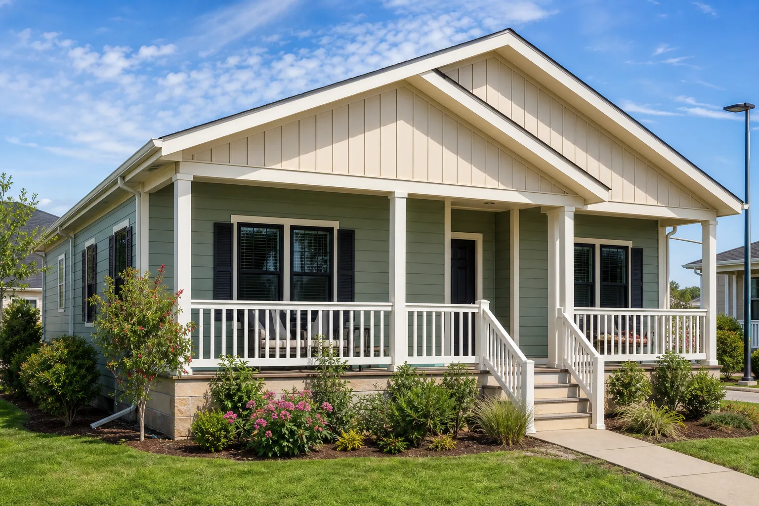 GOGER concrete home, classic porch and gable