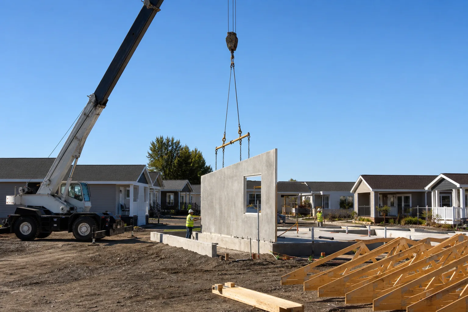 Crane setting a GOGER concrete wall panel at a community lot